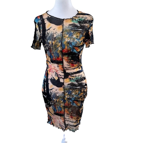 Blanc Dresses & Skirts - Blanc Sheer Short Sleeve Bodycon Multicolor Print Dress Size M NWOT